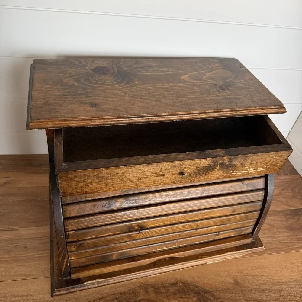 VTG XL Roll top Bread Box W/Drawer Cottagecore Rustic Farm Prairie Kitchen *Flaw
